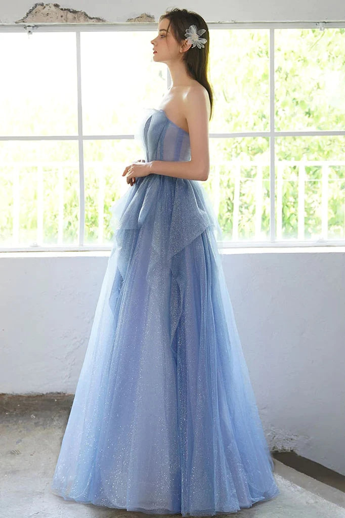 Shiny Blue Strapless Long Prom Gown With Beading, A Line Sparkly Evening Dress WLD0271