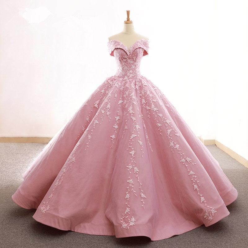 Ball Gown Off the Shoulder Satin Prom Dress with Lace Appliques, Long Quinceanera Dress WLD2530