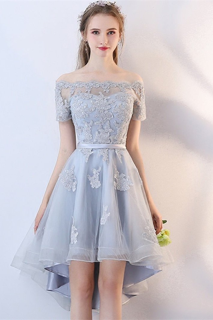 A Line Off the Shoulder Applique High Low Tulle Homecoming Dress, Graduation Dress N1949