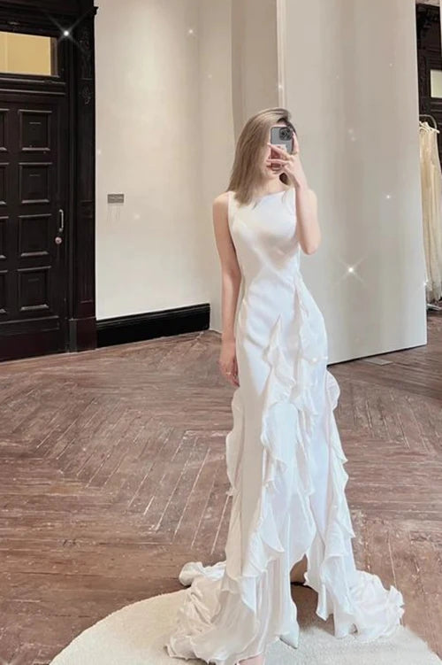 Simple Chiffon Sheath V Back Wedding Dress,Bridal Dresses With Ruffles WLD0166