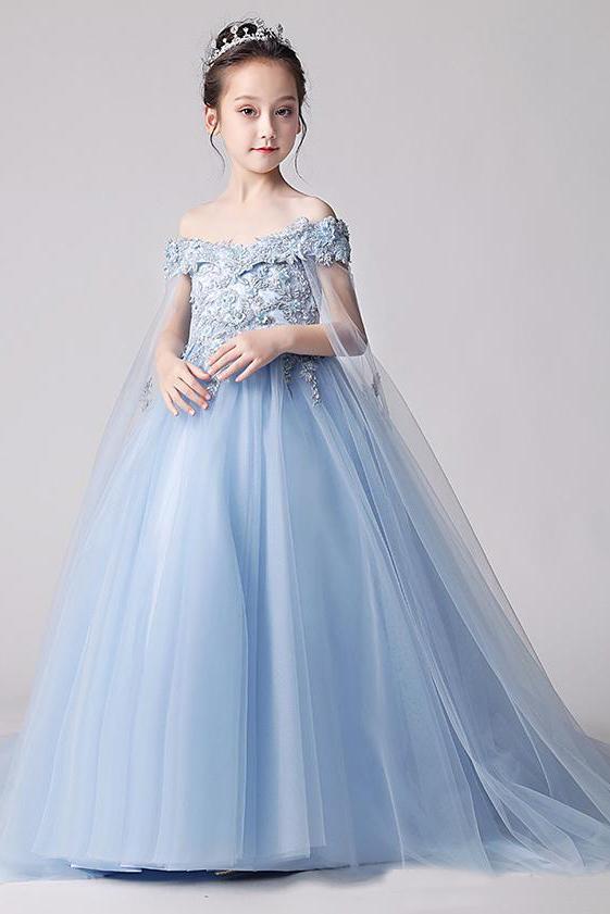 Beauty Blue Off the Shoulder Applique Flower Girl Dresses, Long Sweep Train Flower Girl Dress WLD080