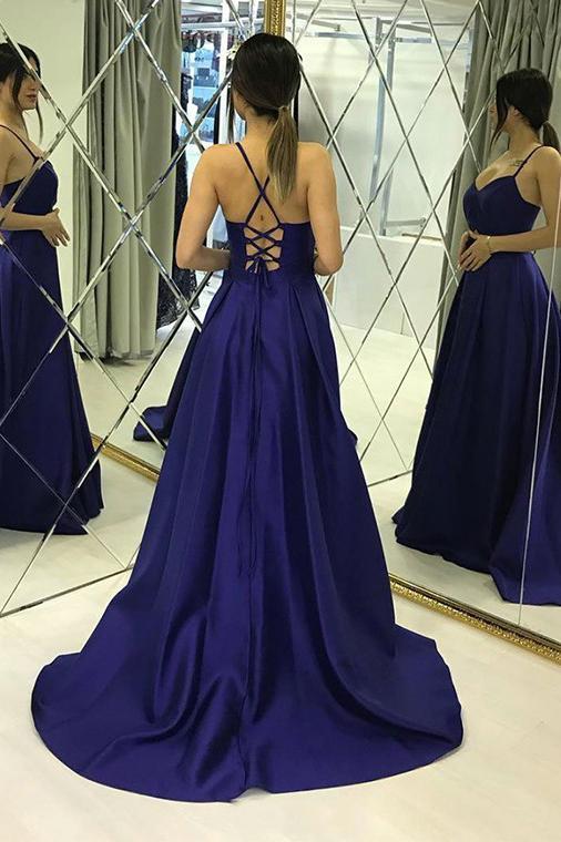 Simple A Line Spaghetti Straps Satin Long Prom Dresses Criss Cross Back WLD2479