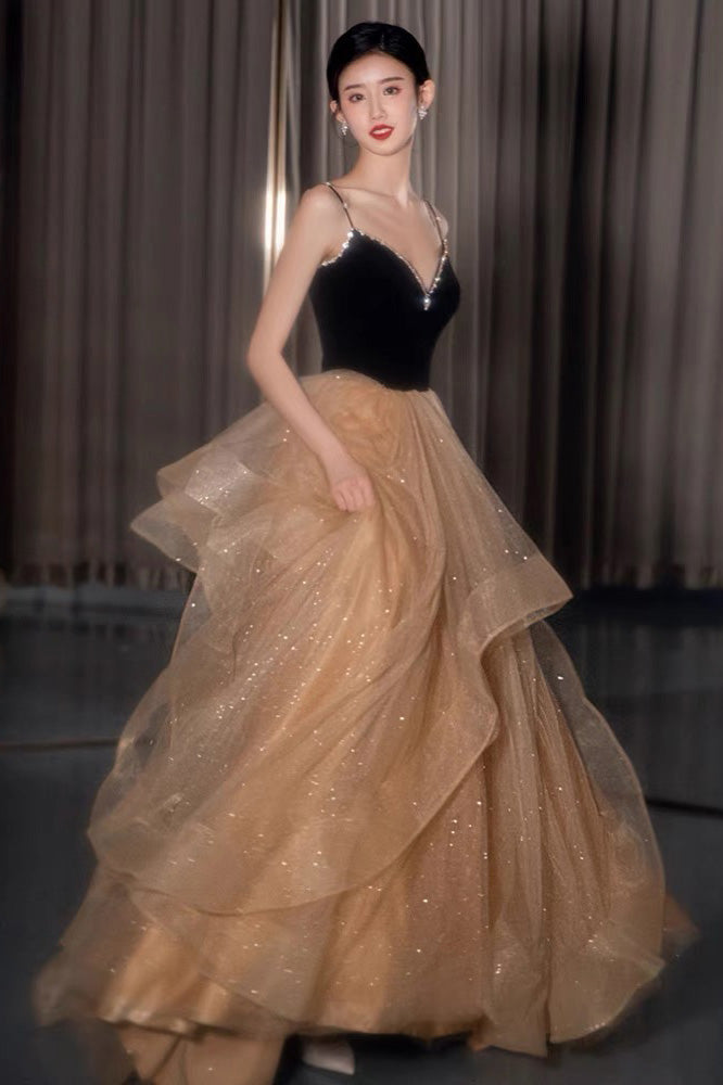 Shiny Spaghetti Straps V-neck Prom Dress, A line Evening Dress With Layers WLD0256