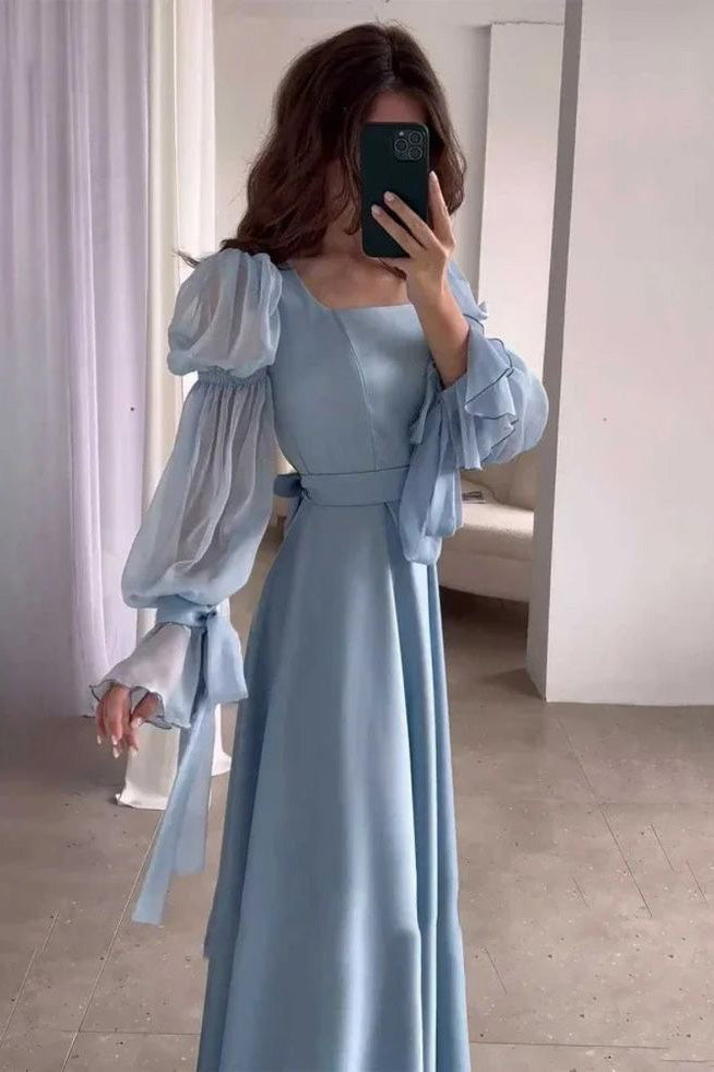 Light Blue Square Collar Belt Flare Sleeve Pleated Long Prom Dress , Formal Gown WLD0366