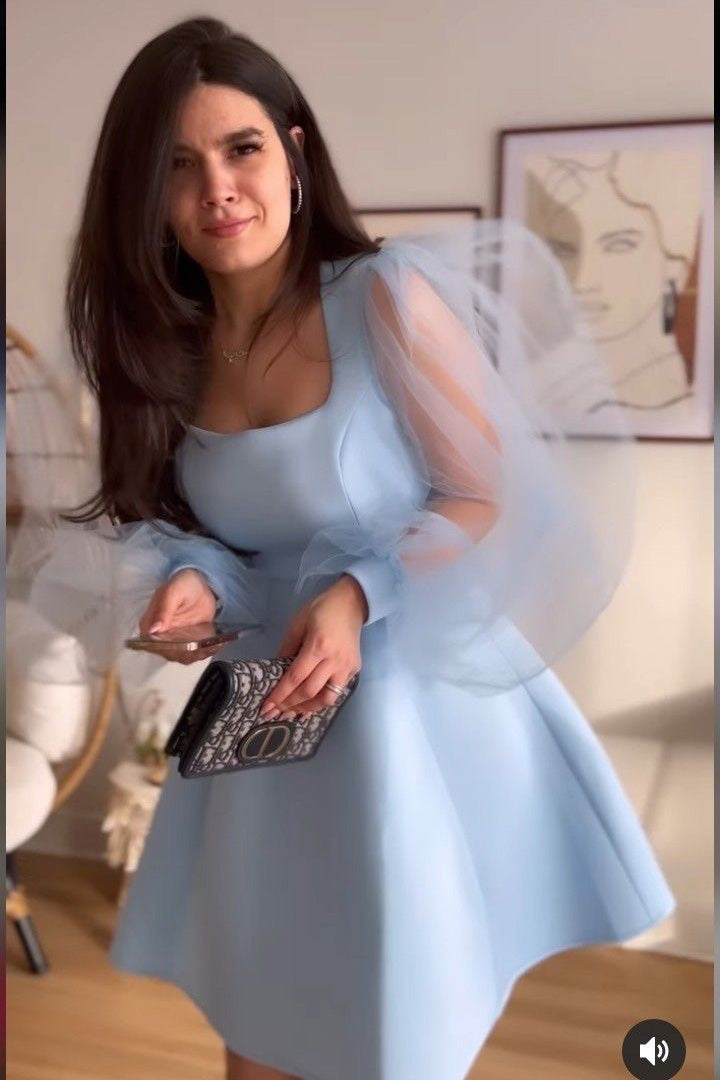Light Blue Satin Mini Dress, Square Puffy Sleeves A-line Short Homecoming Dress WLD0175