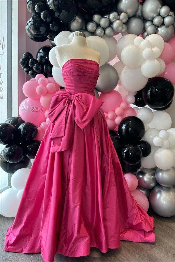 Hot Pink Strapless Satin Long Prom Dress, Tiered Evening Formal Gown With Bowknot WLD0367