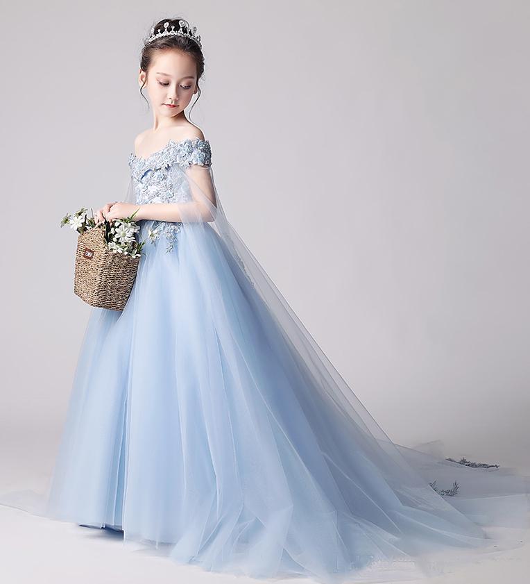 Beauty Blue Off the Shoulder Applique Flower Girl Dresses, Long Sweep Train Flower Girl Dress WLD080