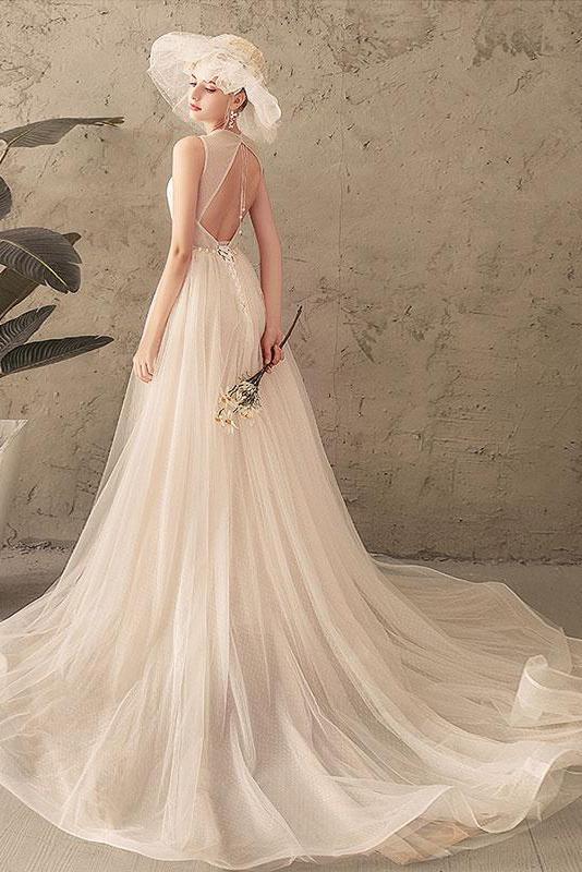 Ivory Jewel Sleeveless Tulle Wedding Dress with Lace, A Line Pleats Open Back Bridal Dress WLD2583