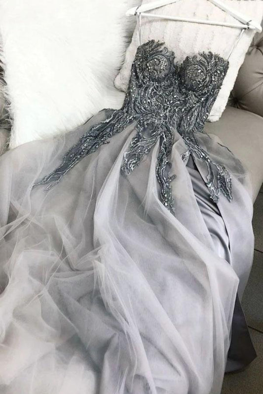 Light Gray Sweetheart Tulle Appliqued Prom Dress with Lace Up Back, A Line Evening Dress N2607