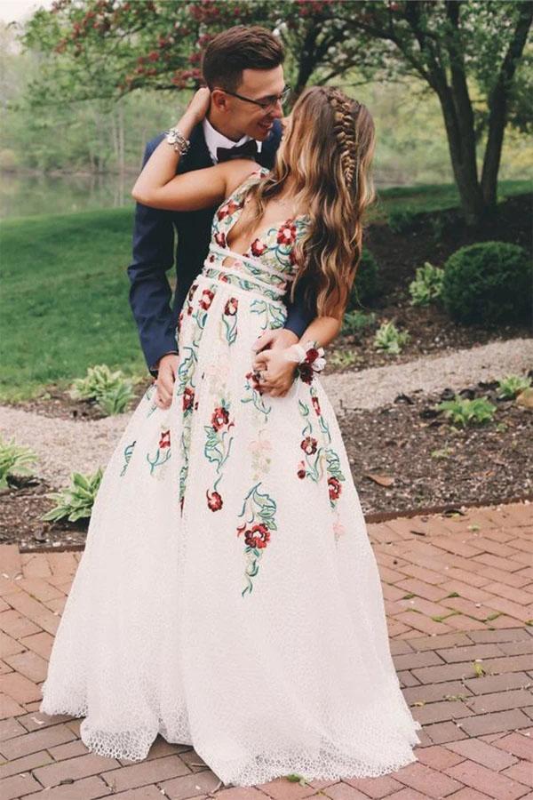 A Line V Neck Ivory Lace Prom Dresses with Flowers, Long Party Dresses with Appliques WLD0001