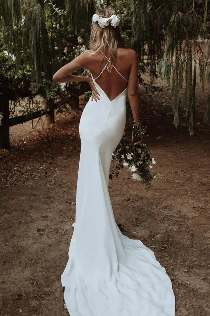 Aesthetic Spaghetti Straps Mermaid Beach Wedding Dress, Long Bridal Dress WLD0126