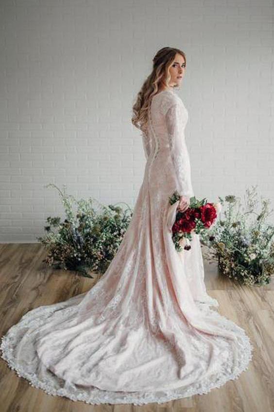 A Line Long Sleeve Lace Wedding Dresses Plus Size Vintage Rustic Wedding Dress WLD2263