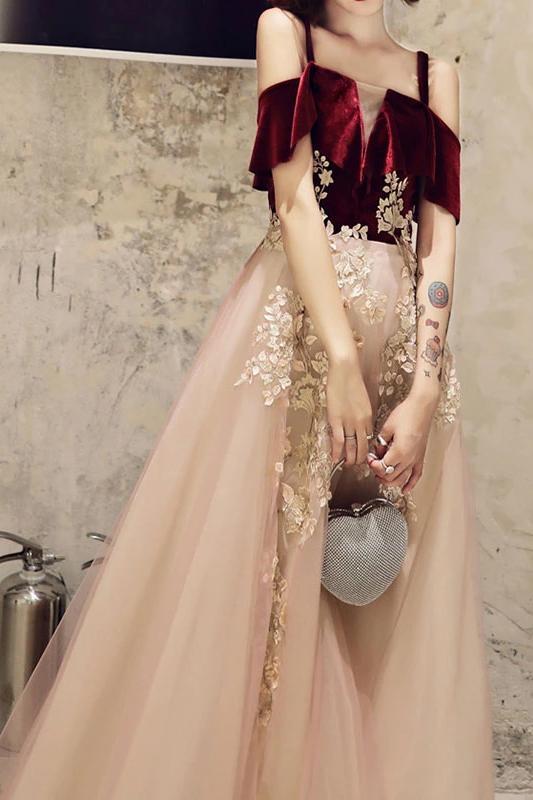 A Line Straps Tulle Prom Dress with Appliques, Floor Length Short Sleeves Party Dresses UQ2448