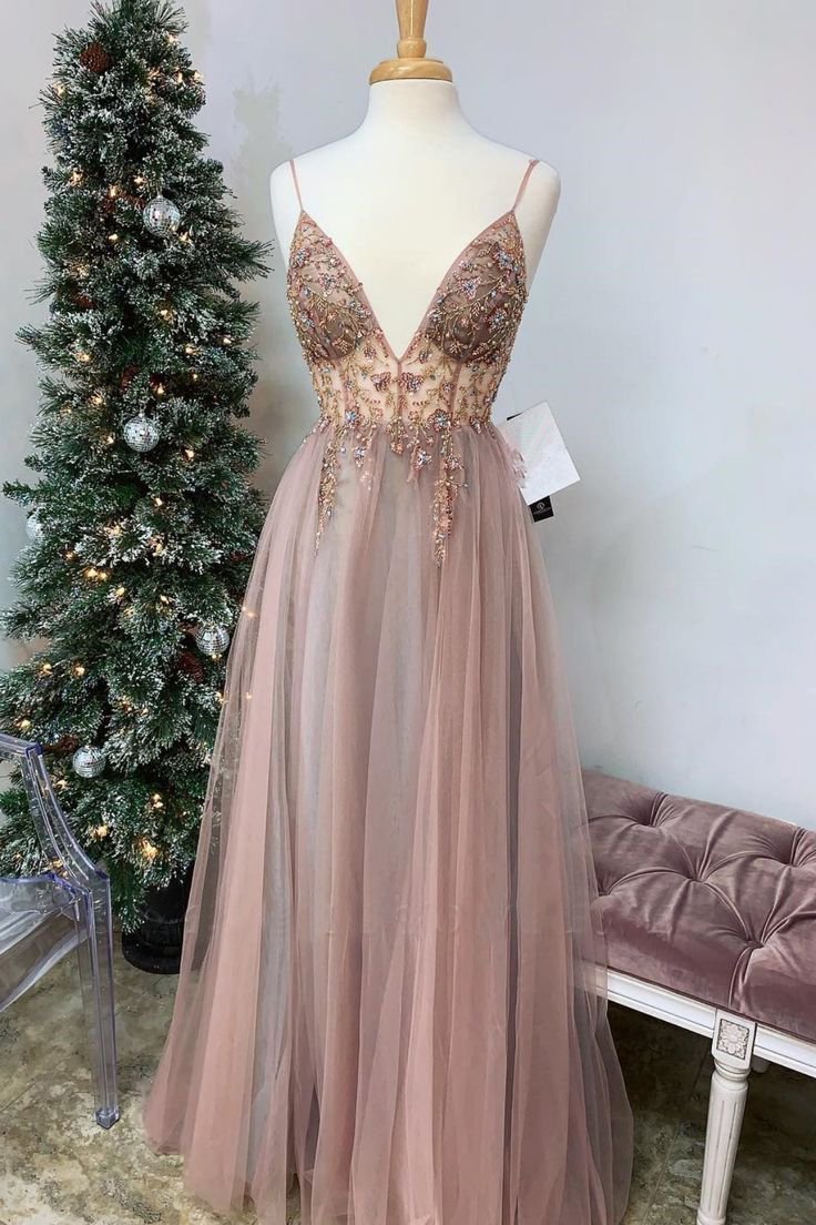 Spaghetti Straps Floor Length Beading Prom Dress with Rhinestone, Floor Length Evening Dress WLD2590