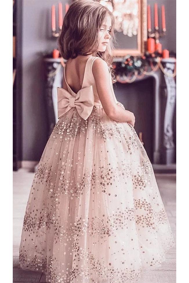 Lovely Cute Flower Girl Dresses with Bow on the Back, Puffy Backless Long Flower Girl Dress WLD082