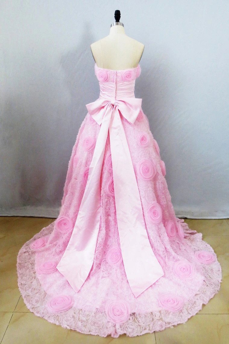 Strapless A Line Prom Dress with Flowers, Unique Pink Sweep Train Party Dresses WLD2615