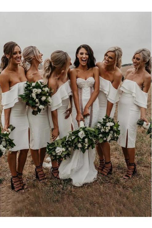Sheath Knee Length Off the Shoulder Mermaid Bridesmaid Dress with Ruffles WLD2514