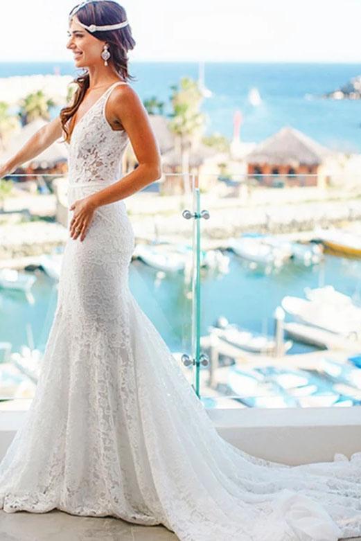 Romantic Deep V Neck Sleeveless Lace Wedding Dress, Mermaid Wedding Dresses with Train WLD2488