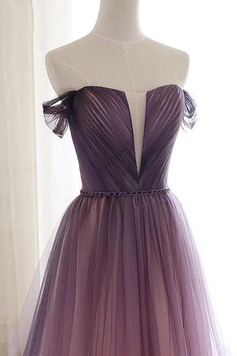 A Line Off the Shoulder Ombre Prom Dresses with Belt, Purple Gradient Long Tulle Formal Dress WLD2436