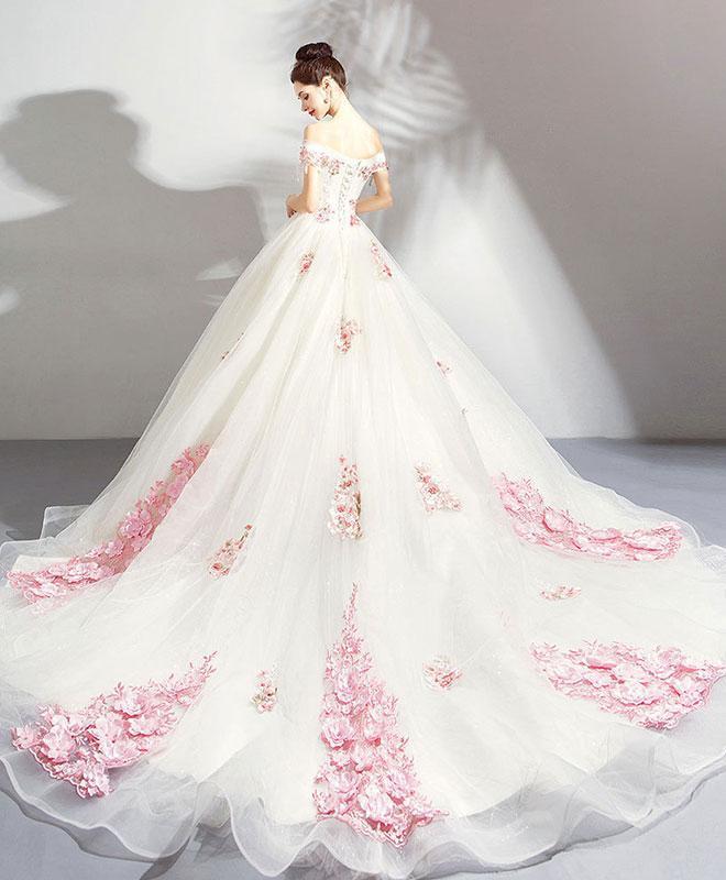 Unique Off the Shoulder Tulle Wedding Dress with Pink Flowers, Ball Gown Wedding Gown WLD2584