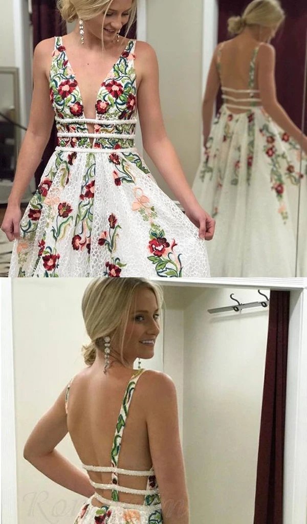 A Line V Neck Ivory Lace Prom Dresses with Flowers, Long Party Dresses with Appliques WLD0001