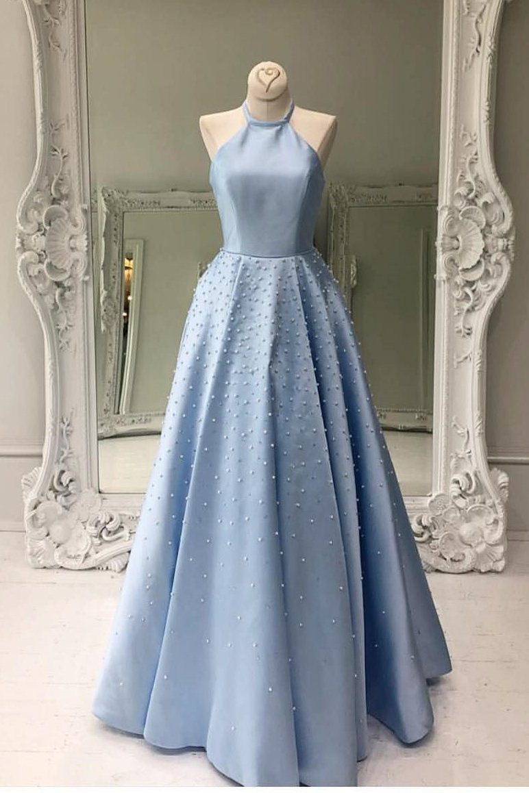 Light Blue Jewel Open Back Long Prom Dress with Pearls, A Line Sleeveless Formal Dress WLD2576