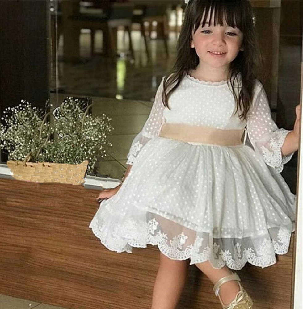 A Line 3/4 Sleeve Lace Flower Girl Dresses Above Knee Baby Dress with Sash WLD083