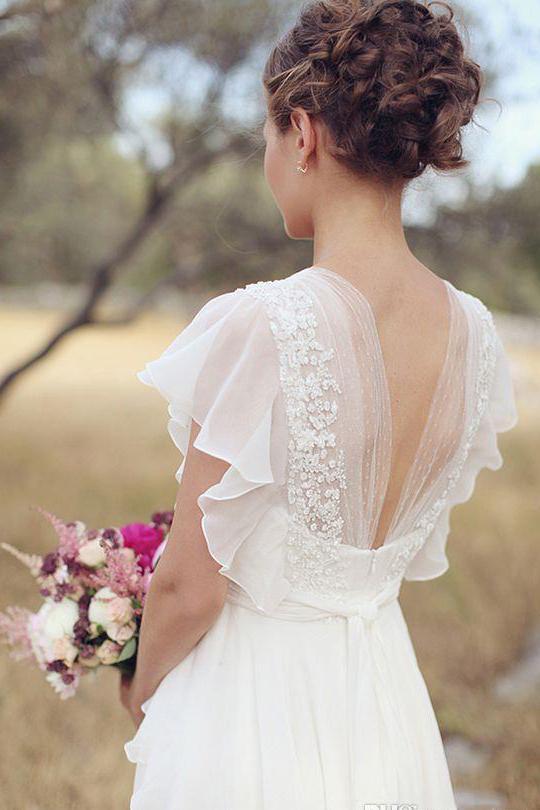 Ivory V Neck Chiffon Boho Wedding Dress, Unique Cap Sleeves Beach Wedding Dress with Ruffles WLD2505