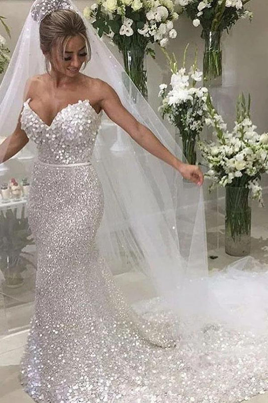 Gorgeous Mermaid Sweetheart Chapel Train Sequined Wedding Dress WLD2501
