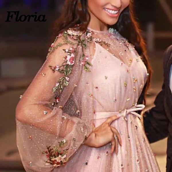 Unique Long Sleeves Tulle Prom Dress with Flowers, Charming Formal Dress with Flowers WLD2612