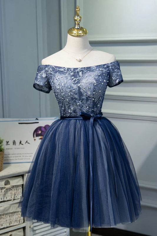 A Line Off the Shoulder Tulle Prom Dress with Belt, Cute Graduation Dress with Applique N1968