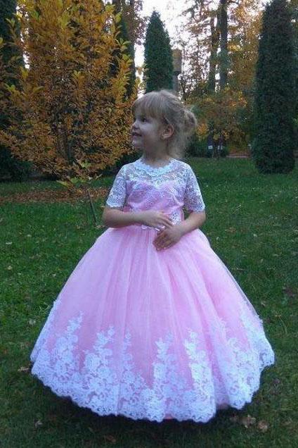 Ball Gown Cute Short Sleeves Long Flower Girl Dress, Lace Appliques Bow Flower Girl Dresses WLD079
