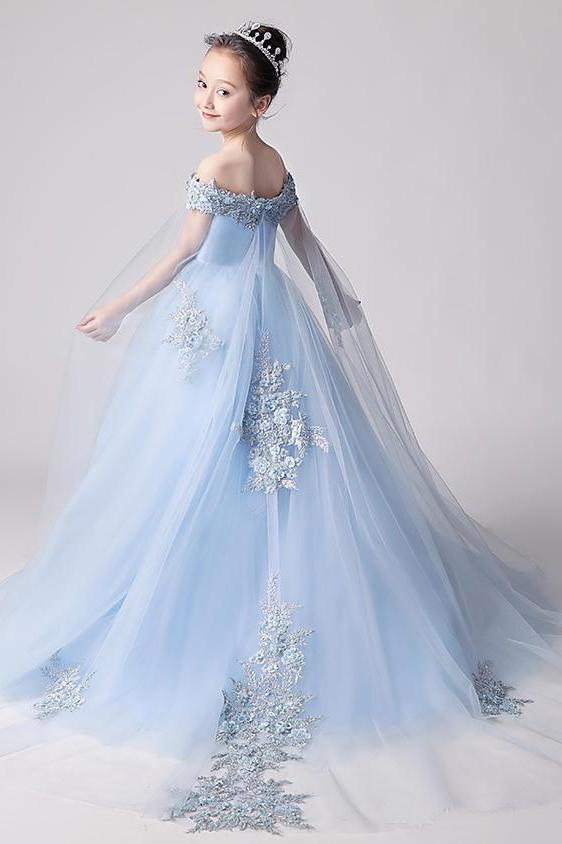 Beauty Blue Off the Shoulder Applique Flower Girl Dresses, Long Sweep Train Flower Girl Dress WLD080