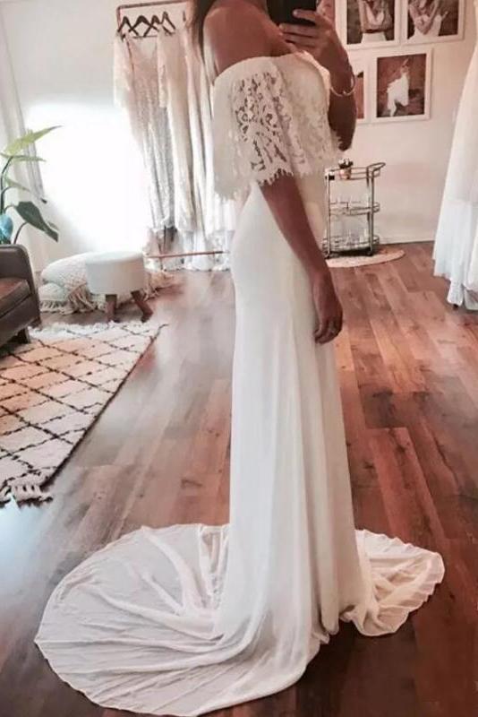 Cheap Country Beach Wedding Dresses Lace Chiffon Wedding Gown Bohemian Bridal Gowns WLD2506
