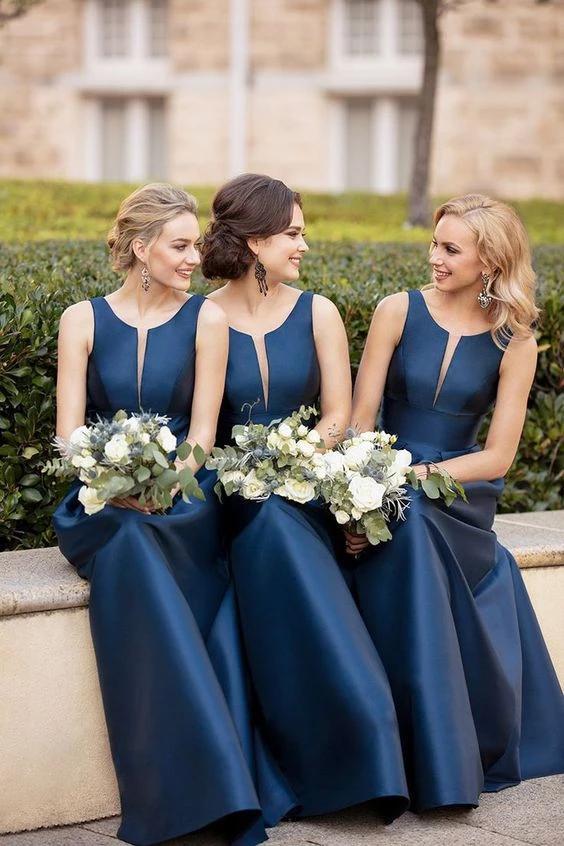 Modest A-line Satin Sleeveless Floor Length Simple Cheap Bridesmaid Dresses Prom Gowns WLD2512