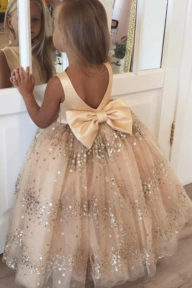 Lovely Cute Flower Girl Dresses with Bow on the Back, Puffy Backless Long Flower Girl Dress WLD082