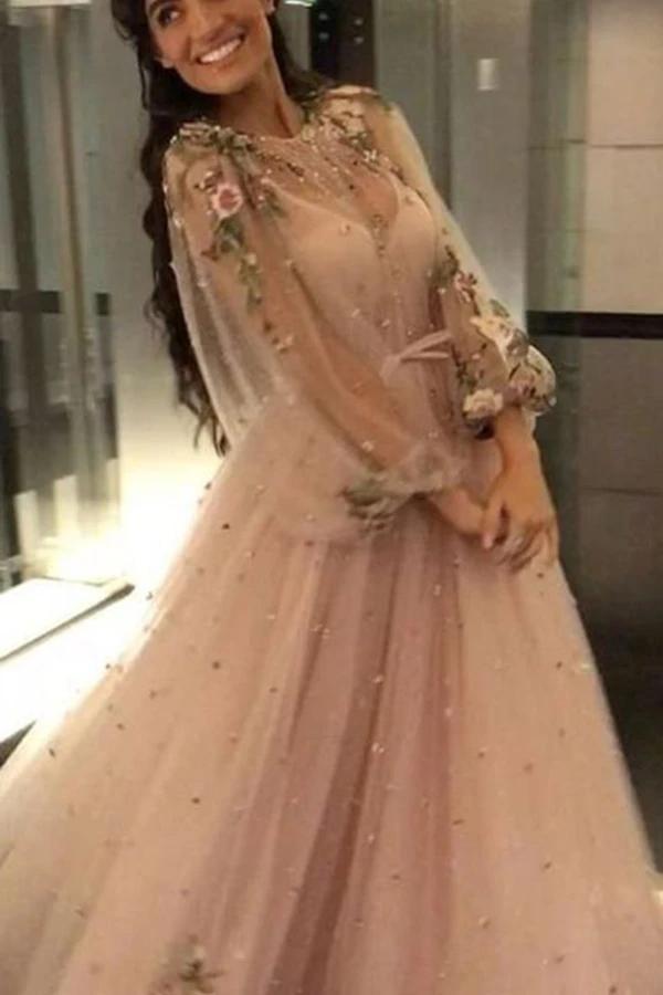 Unique Long Sleeves Tulle Prom Dress with Flowers, Charming Formal Dress with Flowers WLD2612