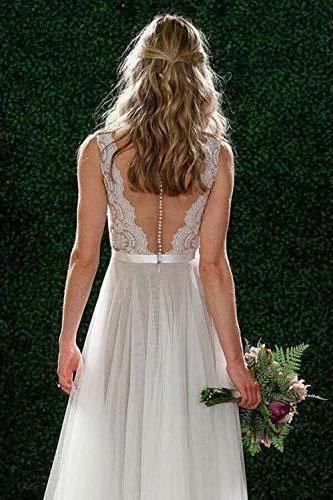 A Line Floor Length V Neck Sleeveless Tulle Beach Wedding Dress with Lace WLD2401