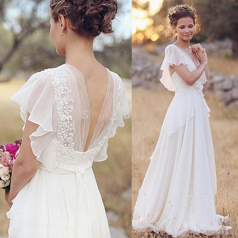 Ivory V Neck Chiffon Boho Wedding Dress, Unique Cap Sleeves Beach Wedding Dress with Ruffles WLD2505