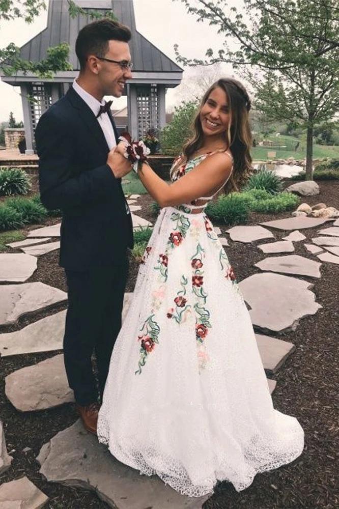A Line V Neck Ivory Lace Prom Dresses with Flowers, Long Party Dresses with Appliques WLD0001