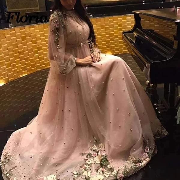 Unique Long Sleeves Tulle Prom Dress with Flowers, Charming Formal Dress with Flowers WLD2612
