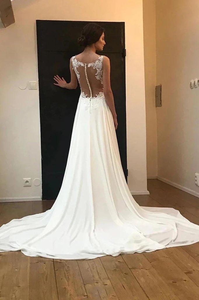 A Line Bateau Sleeveless Chiffon Prom Dress with Lace Appliques, Long Train Formal Dress UQ2568