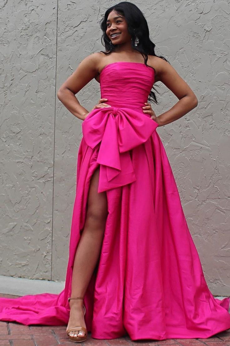 Hot Pink Strapless Satin Long Prom Dress, Tiered Evening Formal Gown With Bowknot WLD0367