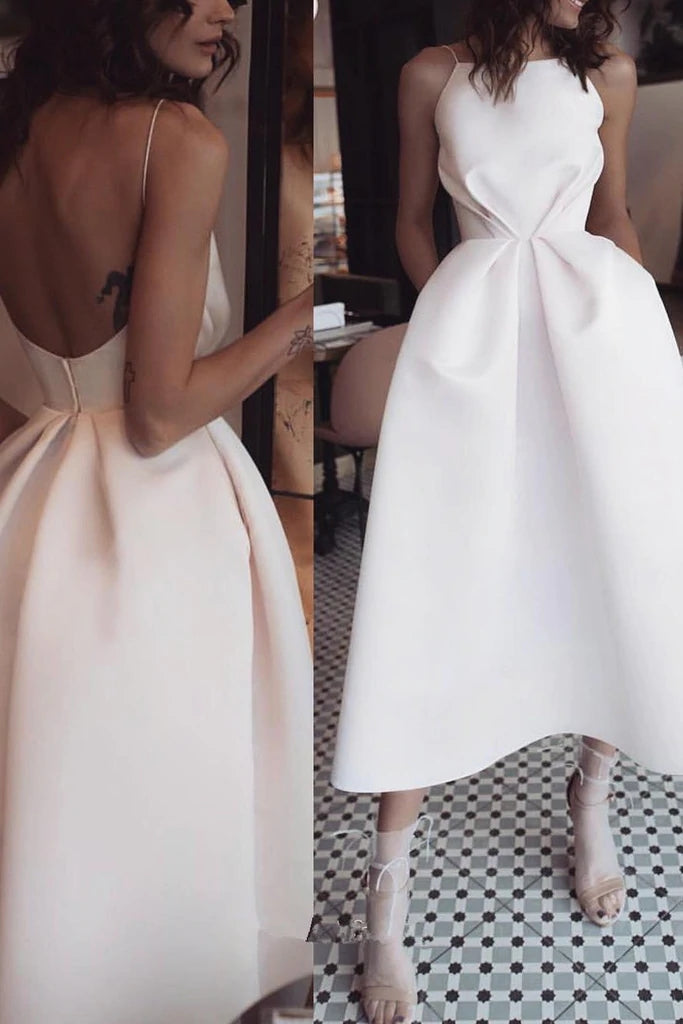 Elegant Tea Length Satin Party Dress, Simple Spaghetti Straps Backless Prom Dress With Pockets WLD0106