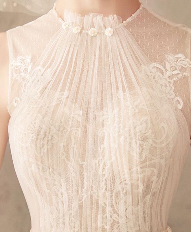 Ivory Jewel Sleeveless Tulle Wedding Dress with Lace, A Line Pleats Open Back Bridal Dress WLD2583