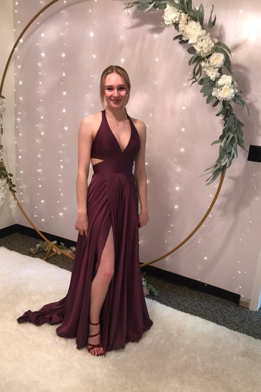A-Line Deep V Neck Long Party Prom Dresses With Slit,Evening Dress WLD0362