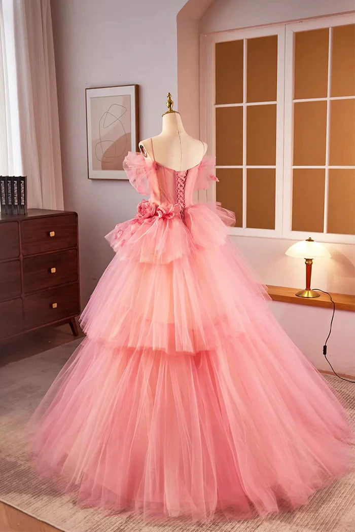 Pink Spaghetti Strap Tulle Long Prom Dress, Beautiful A-Line Formal Sweet 16 Dress WLD0317