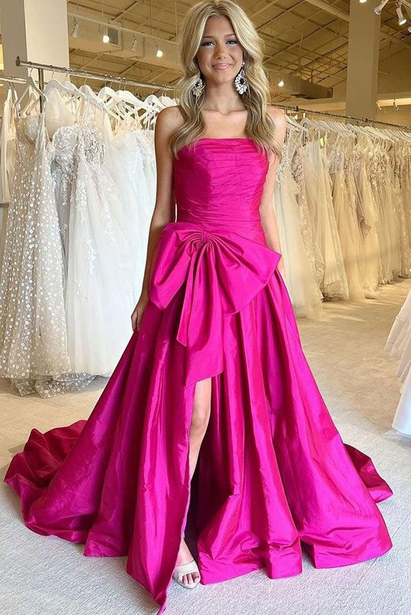 Hot Pink Strapless Satin Long Prom Dress, Tiered Evening Formal Gown With Bowknot WLD0367