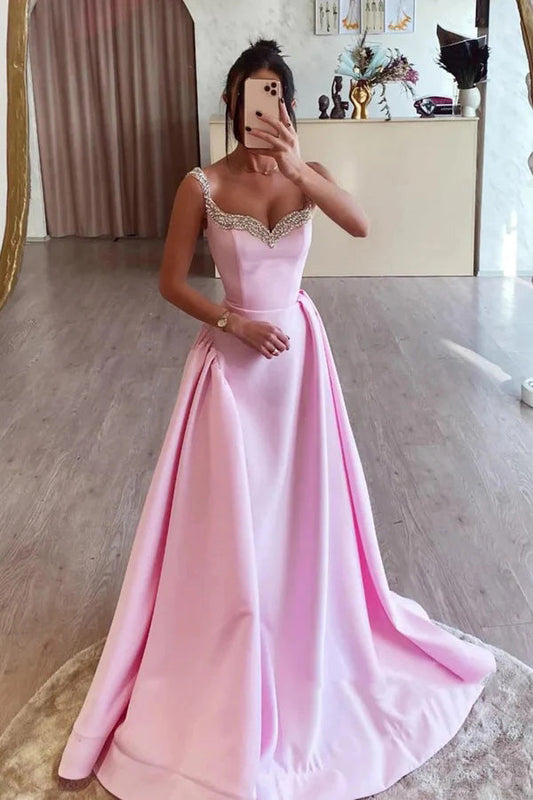 Simple A Line Pink Satin Long Prom Dresses with Beadings, Formal Party Gown WLD0373