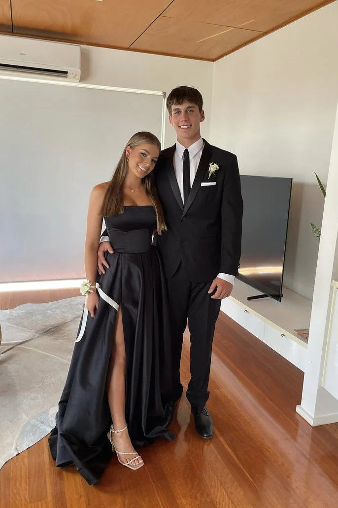 Pretty A Line Strapless Black Satin Evening Dress With Split Prom Dresses WLD0433